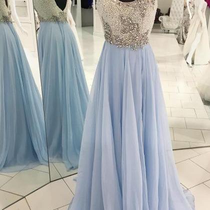 Scoop Neck Light Blue Chiffon Prom Dress With..