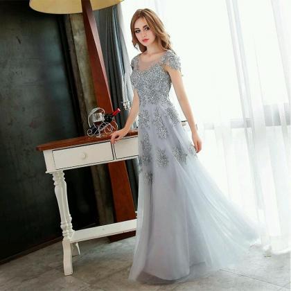 Vintage Silver Prom Dress, Lace Evening Dresses,..
