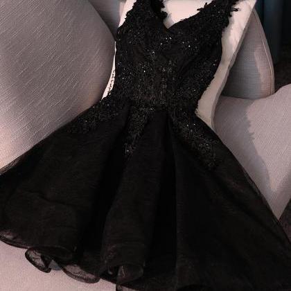 Lovely Black Lace V-neckline Short Homecoming Dress, Black Party Dress