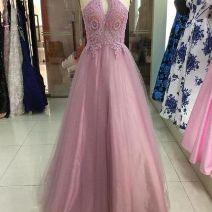 Dusty Rose Halter Lace Applique Tulle Prom Dresses..