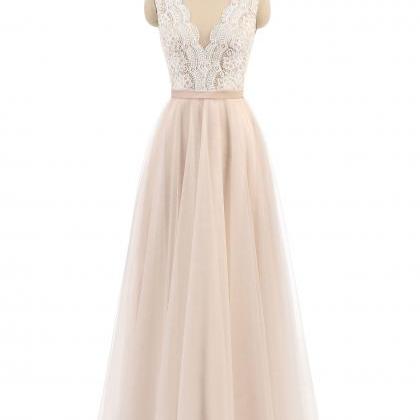 A-line Lace And Tulle Long Simple Formal Dresses..