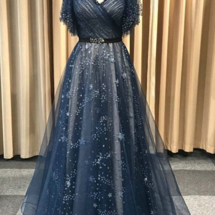 Gorgeous Deep Blue Lace Long A Line Prom Dress,..