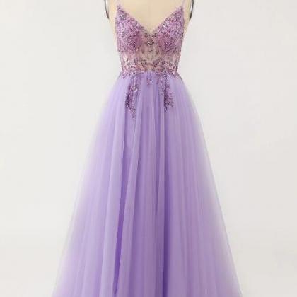 Purple Beaded Tulle Long Prom Dress Formal Dress