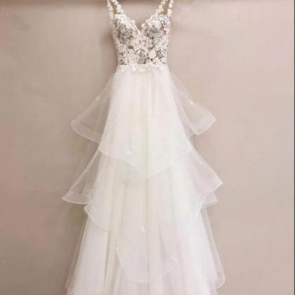 White V Neck Tulle Lace Long Prom Dress, White V..