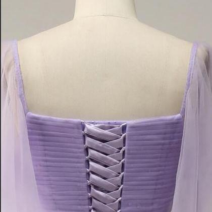 A Line Off Shoulder Lavender Satin Prom Dresses with Pleats LBQ4351