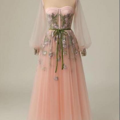 A Line Jewel Light Long Prom Dress With Embroidery