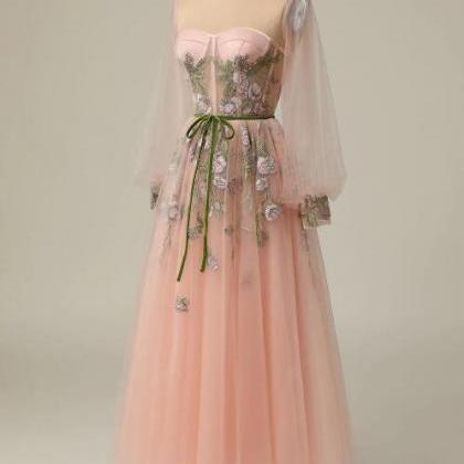 A Line Jewel Light Long Prom Dress With Embroidery