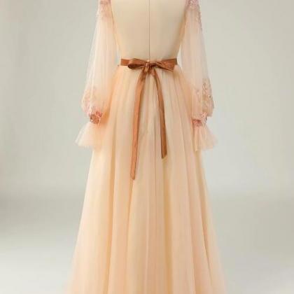 Elegant A Line V Neck Apricot Long Prom Dress With..