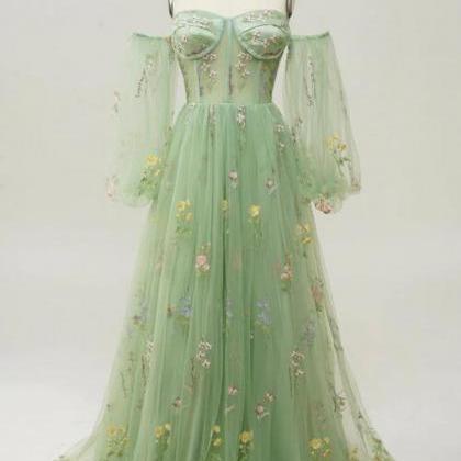 Green Off The Shoulder Long Sleeves A-line Prom..