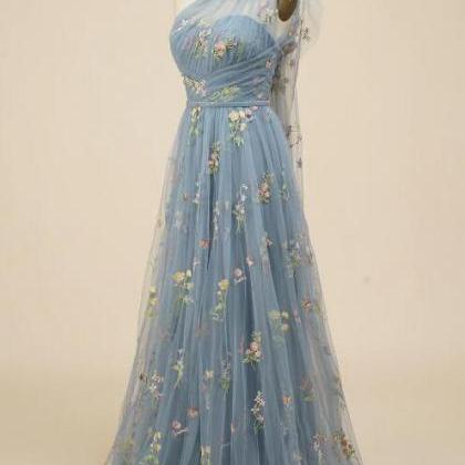 A-line Grey Blue Long Prom Dress With Embroidery