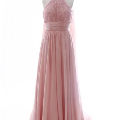Pleated Halter Neck A Line Chiffon Dress With Long..