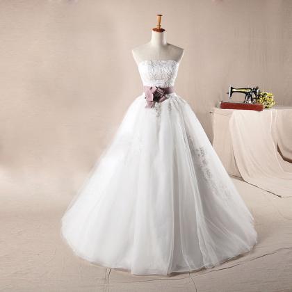 Strapless With Colored Belt A-line Organza Wedding..