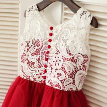 Ulass Red Tulle Ivory Lace Flower Girl Dress..