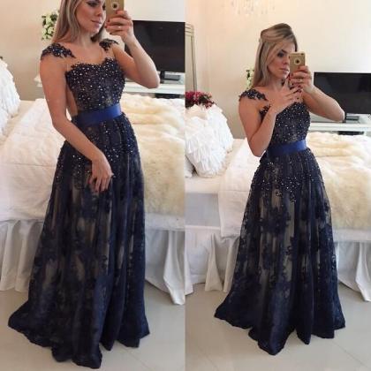 Ulass Dark Navy Blue Beaded Long Prom Dresses 2016..