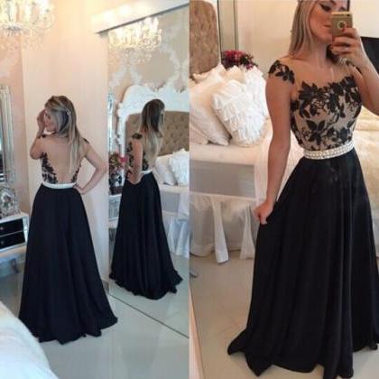 Ulass Sheer Lace Black Chiffon Prom Dresses Capped..