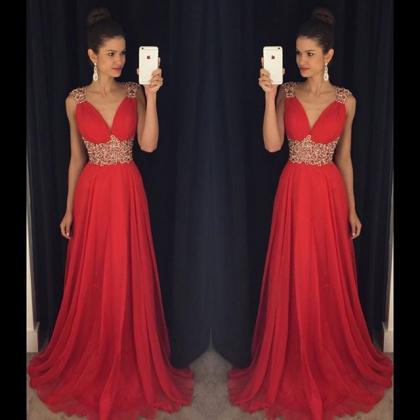 Ulass 2016 Red Long Prom Dresses V Neck Crystals..