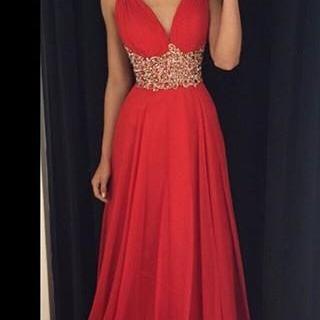 Ulass 2016 Red Long Prom Dresses V Neck Crystals..