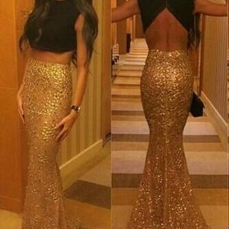 Ulass Two Pieces Prom Dresses Black And Golden..