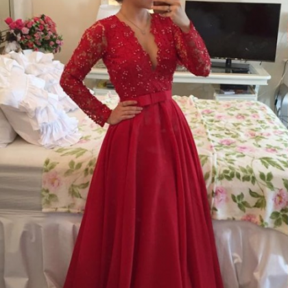 Ulass Red Long Sleeves Prom Dresses 2016 V Neck..