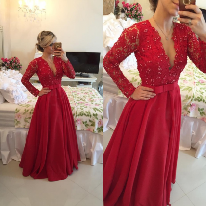 Ulass Red Long Sleeves Prom Dresses 2016 V Neck..