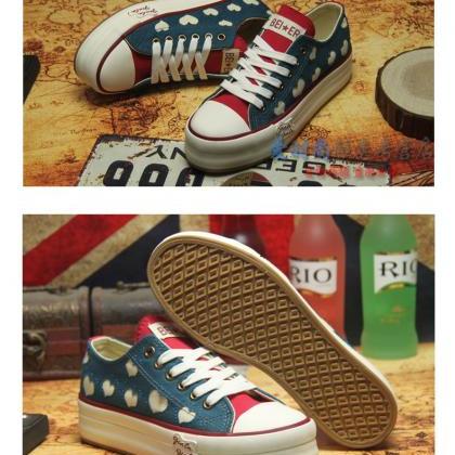 Heart Adorned Denim Lace-up Canvas Sneakers