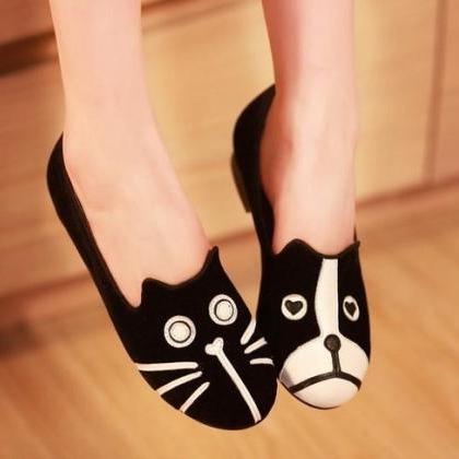Cute Black Cat And Dog Velvet Block Heel Flats