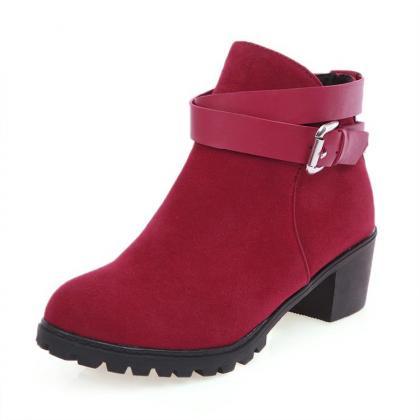 Ulass Chunky Heel Buckle Design Red Ankle Boots