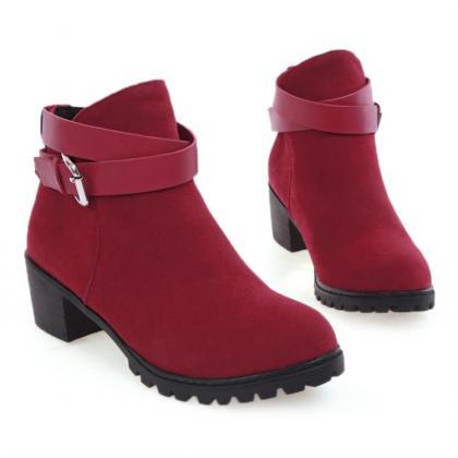 Ulass Chunky Heel Buckle Design Red Ankle Boots