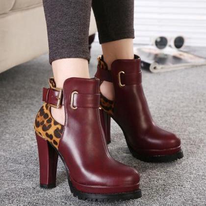 Burgundy Chunky Heel Ankle Boots wi..