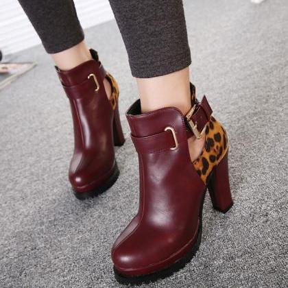 Burgundy Chunky Heel Ankle Boots wi..