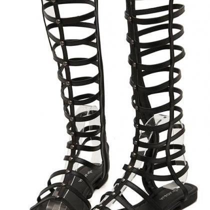 Knee-length Gladiator Caged Sandal Flats - Black /..