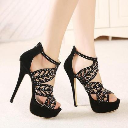 Black Leaves Hollow Cut Out High Heels Stiletto..