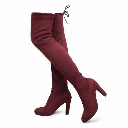 Faux Suede Rounded-toe High Heel Over-the-knee..