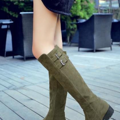 Round-toe Flat Knee-high Boots With Buckle..
