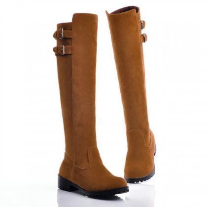 Round-toe Flat Knee-high Boots With Buckle..