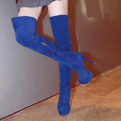 Faux Suede Rounded-toe Platform Over-the-knees..