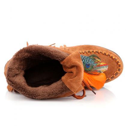 Ulassindian Style Retro Fringe Boots Flock Chunky..