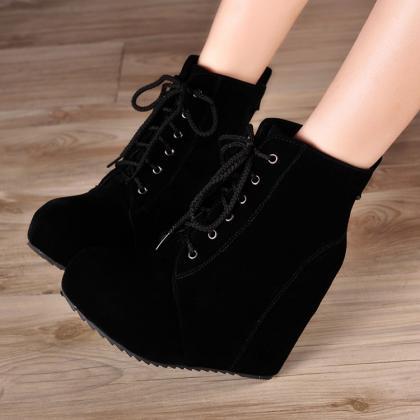 Ulass Spring Winter Women Ankle Boots Wedges Solid..