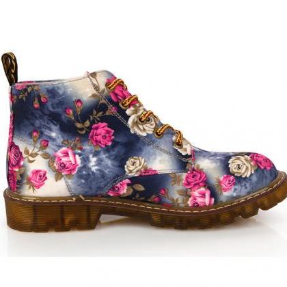 Retro Floral Printed Flat Ankle Boots