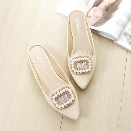 Pointed Toe Flat Mules With Crystal And Pearl..