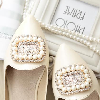Pointed Toe Flat Mules With Crystal And Pearl..