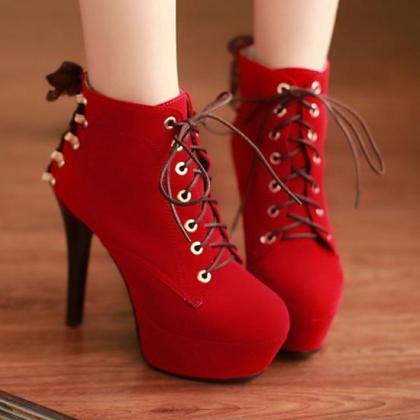Ulass Red Suede High Heels Lace Up ..