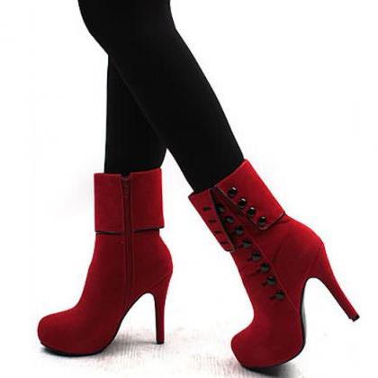 Ulass Classy Red Rivets High Heel Platform Boots