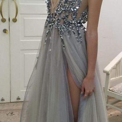 Silver-gray Charming Beading Prom Dress Tulle..
