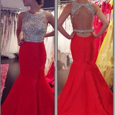 Ulass New Arrival Sexy Charming Prom Dresses,Mermaid Prom Dresses,Chiffon Prom Dresses,2016 Scoop Sleeveless Backless Sweep Train Prom Dress,Beading Crystal Prom Dress
