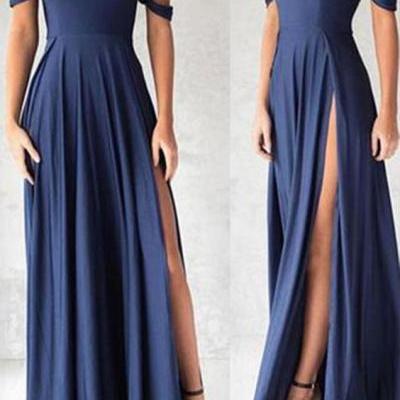 Ulass Navy Blue Off The Shoulder Prom Dress, Floor Length Formal Gown With High Slit