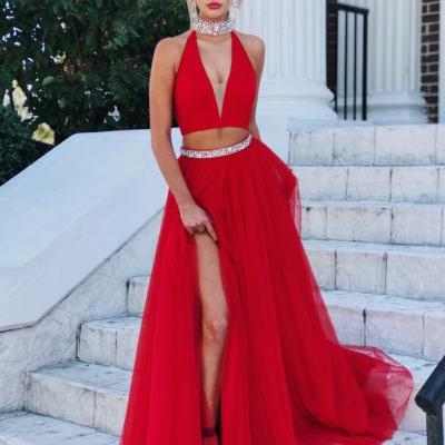 Ulass 2018 Prom Dresses,Red Evening Gowns,Two Piece Prom Dress,High Neck Prom Dress,Tulle Prom Dress,Deep V-neck Prom Dress,Hot Sale Prom Dress