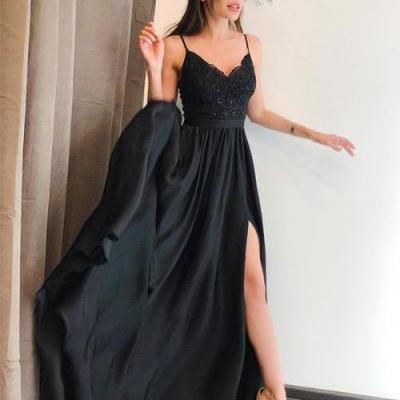Spaghetti Straps Black Lace Long Prom Dresses ,Black Satin Prom Dress , Wedding Party Gowns , Formal Evening Dress , A Line Prom Gowns T8734