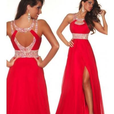 2015 hot red split chiffon dress PROM dresses bridesmaid dresses bridesmaid dresses evening wear handmade beaded jewelry
