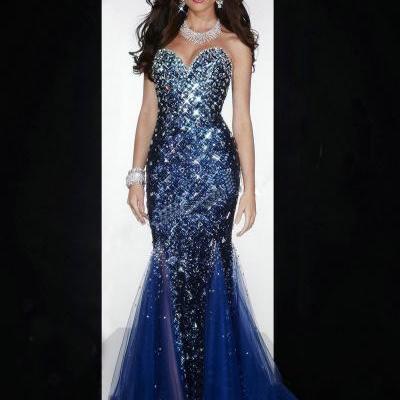 Ulass Dazzling Sweetheart Neckline Sleeveless Beaded Fully Sequined Pageant Gowns Floor Length Royal Blue Mermaid Prom Dresses 2016